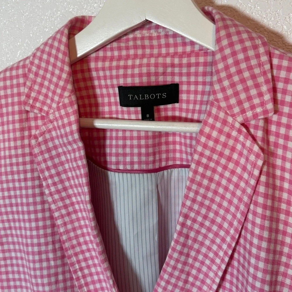 Talbots Pink Gingham Linen Single Button Blazer Size 8 Preppy Classic